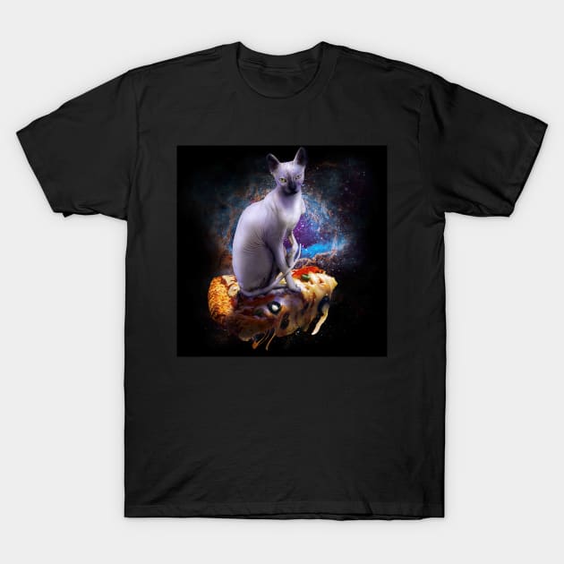 Galaxy Space Sphynx Hairless Cat On Pizza T-Shirt by Random Galaxy